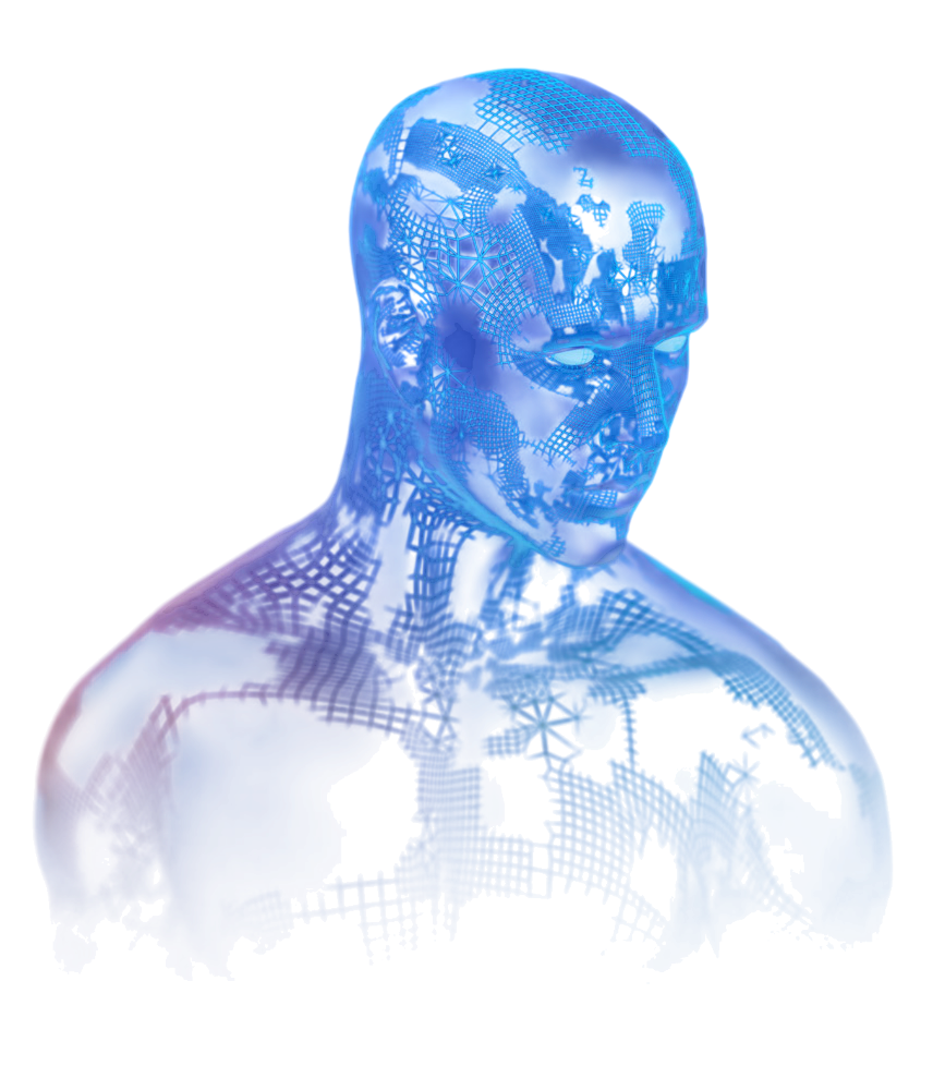 Wireframe AI figure representing the RecruitEngine AI agent team
